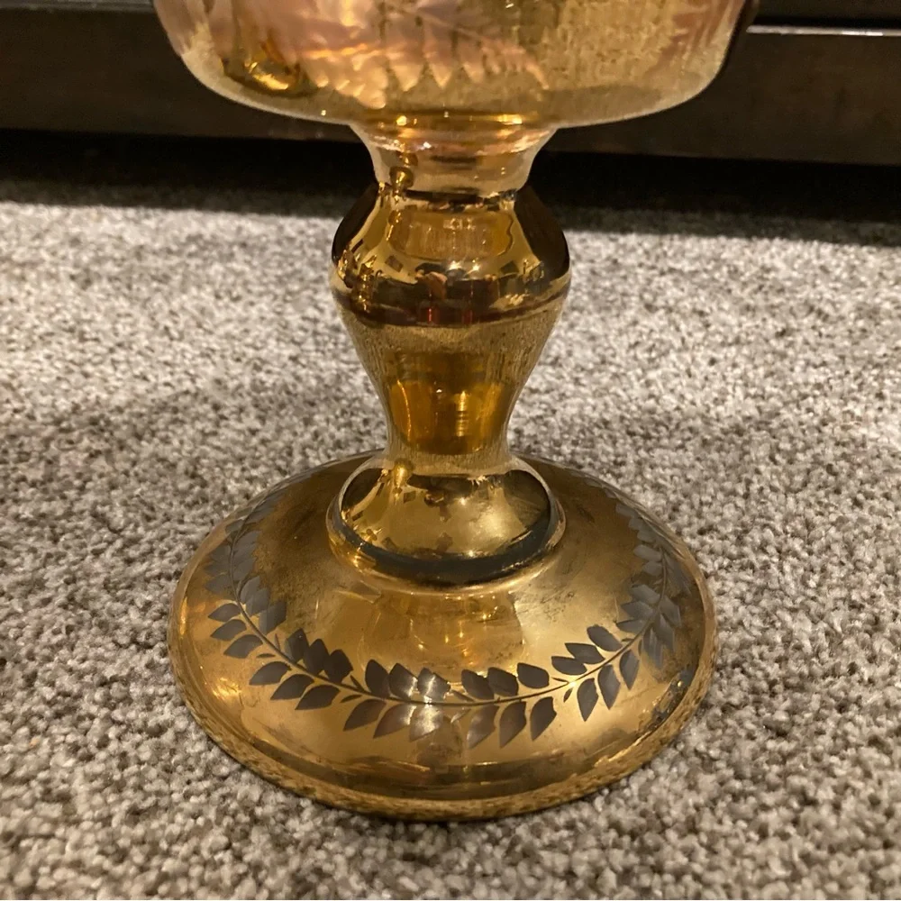 Antique BOHEMIAN CZECH Gilt Etched Crystal Candy Dish w/Lid